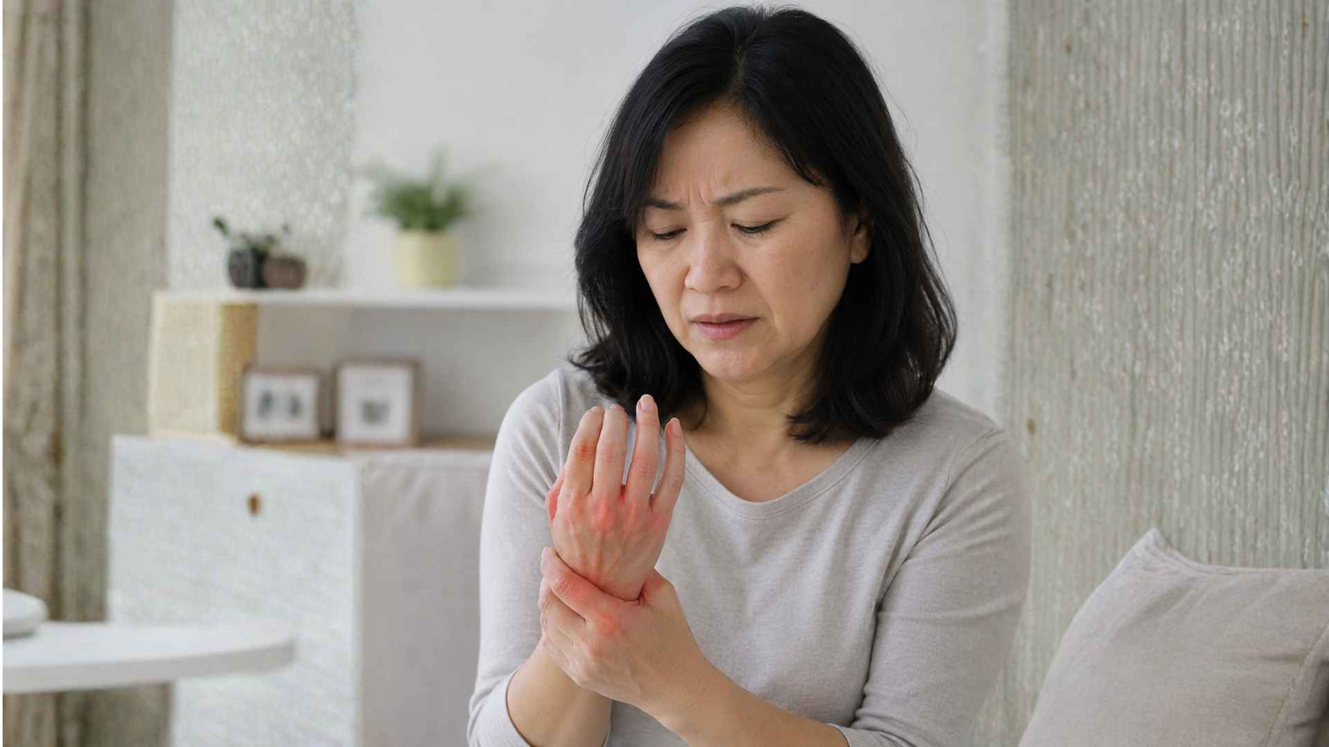 a asian lady is attacked by rheumatoid arthritis on her finger joint
