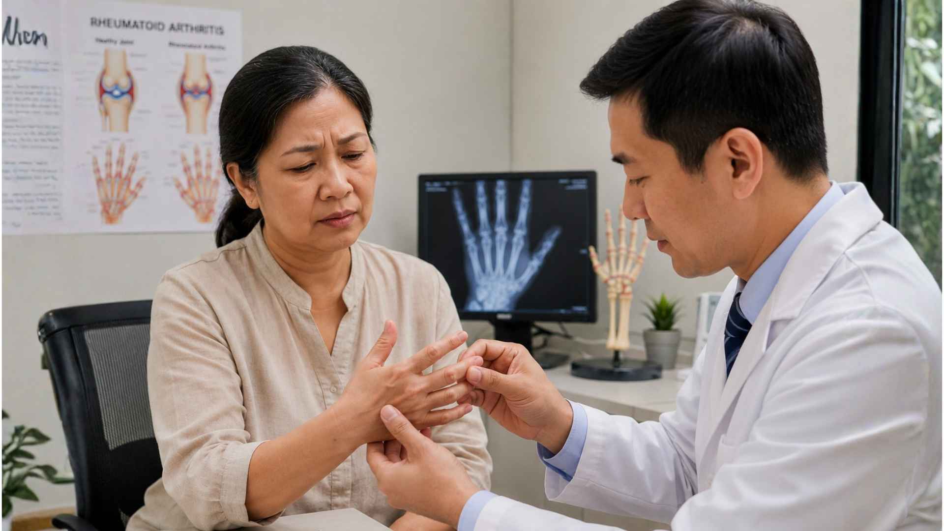 Pain specialist examining swollen finger joints caused by rheumatoid arthritis