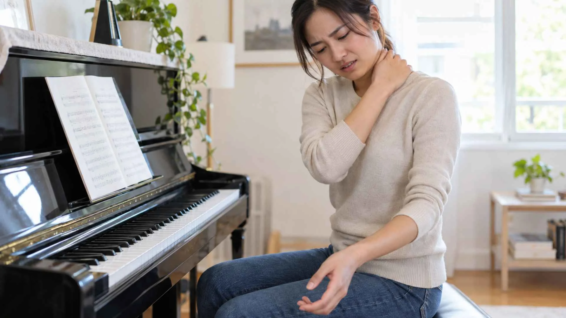 a young Asian woman experiencing neck pain and arm numbness while seated at a piano.