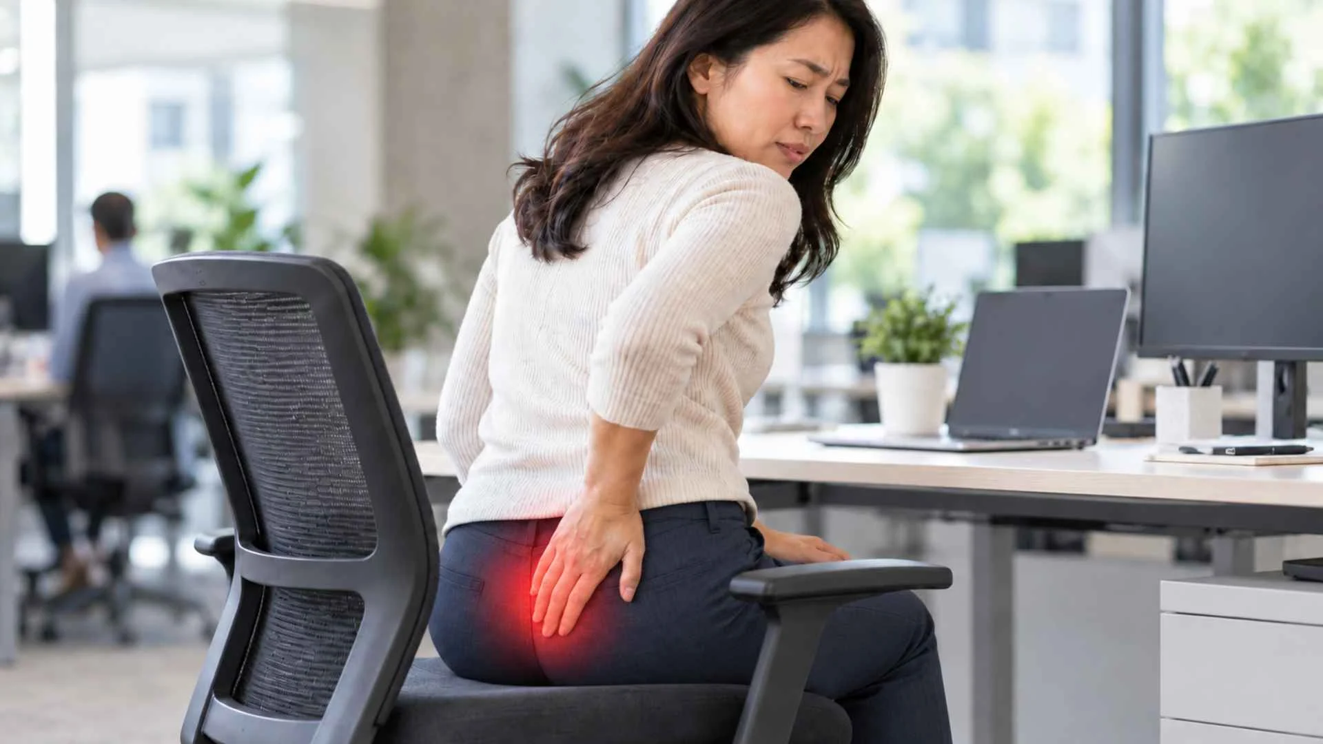 an Asian woman experiencing pain while sitting