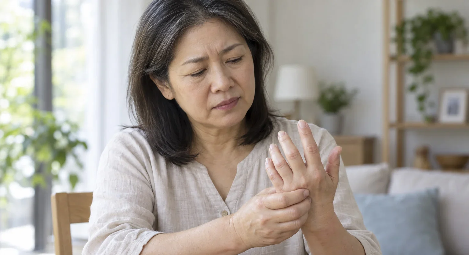 A woman in her mid-50s had pain and tenderness in her fingers and swelling in her wrists