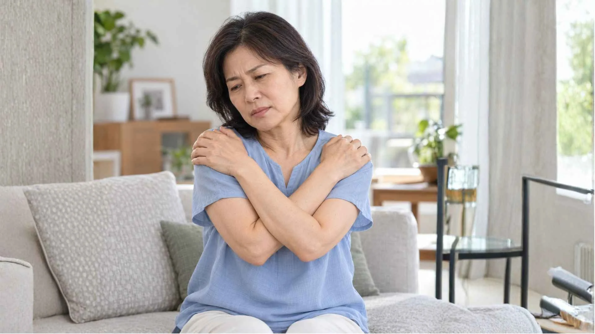 A asian woman in her 50s is having Pain and stiffness in both shoulders
